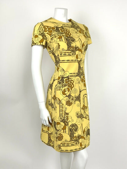 VTG 60s 70s PASTEL YELLOW BLACK BROWN ABSTRACT FLORAL SWIRL A-LINE DRESS 10 12