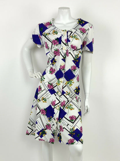 VINTAGE 60s 70s WHITE BLACK PURPLE PINK STRIPED GEOMETRIC FLORAL DRESS 16 18