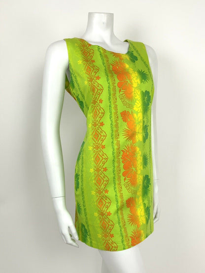 VTG 60s 70s LIME GREEN NEON ORANGE YELLOW FLORAL TROPICAL HAWAIIAN DRESS 10 12