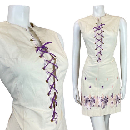 VINTAGE 60s 70s CREAM PURPLE PINK EMBROIDERED LACE-UP MOD BOHO MINI DRESS 10