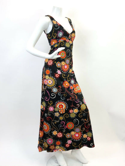 VTG 60s 70s BLACK PINK ORANGE RED PSYCHEDELIC FLORAL DOTTY EMPIRE MAXI DRESS 8