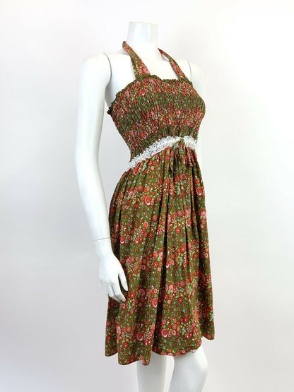 VINTAGE 60s 70s GREEN RED PINK WHITE FLORAL DISTY LACE MOD MINI HALTER DRESS 10