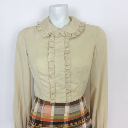 VINTAGE 60S CREAM,BROWN  PLAID TARTAN MAD MEN SECRETARY DAY DRESS 8 10