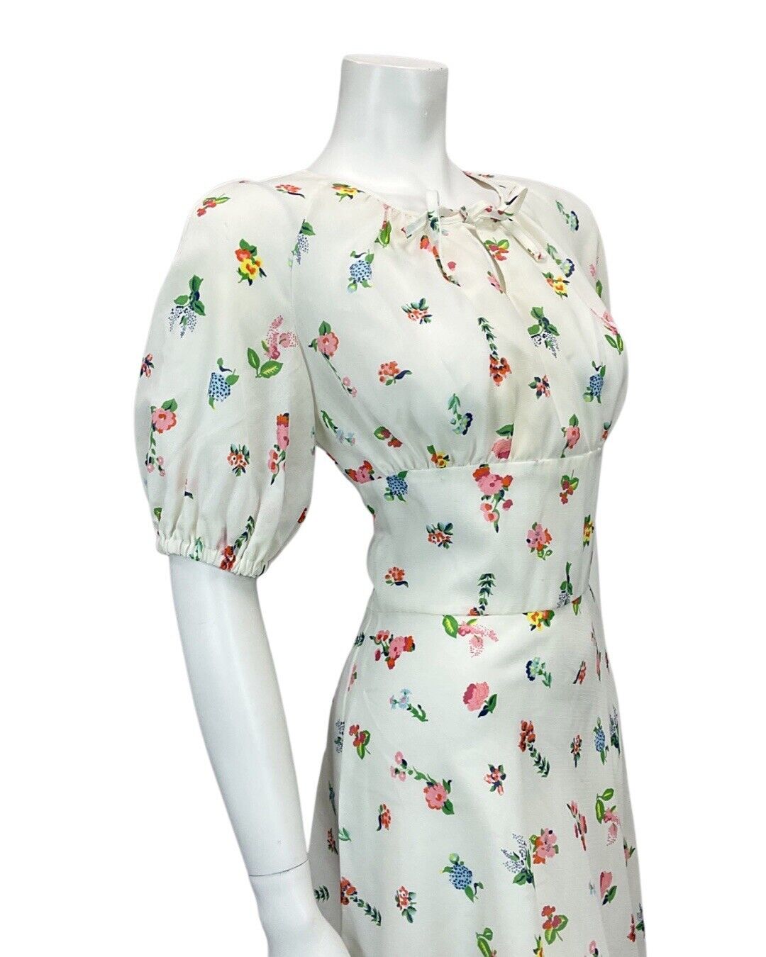 VINTAGE WHITE PINK GREEN YELLOW BLUE FLORAL PRINT MIDI DRESS 8 10