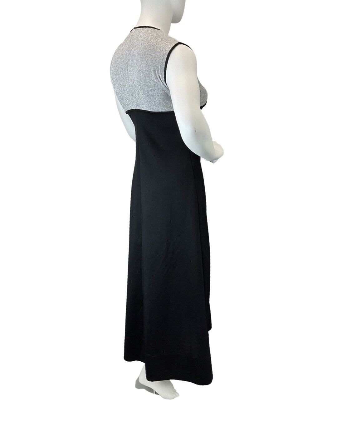 VINTAGE 60s 70s BLACK SILVER DISCO PARTY SLEEVELESS MAXI DRESS 14