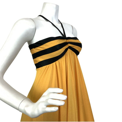 VINTAGE 60s 70s YELLOW BLACK STRIPED EMPIRE LINE MOD STRAPPY MAXI DRESS 6