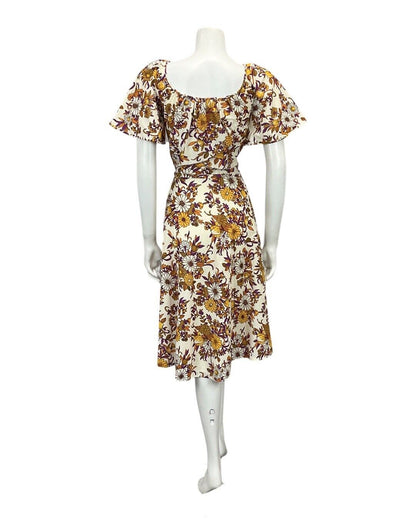 VINTAGE 60s 70s CREAM ORANGE PURPLE BROWN FLORAL PRINT BOHO MIDI DRESS 10 12