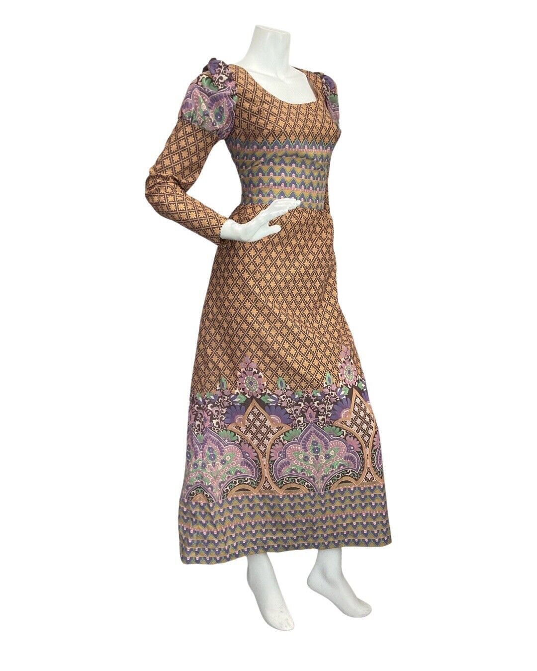 VTG 60s 70s BROWN PURPLE GREEN PAISLEY FLORAL BOHO FOLK PRAIRIE MAXI DRESS 8 10