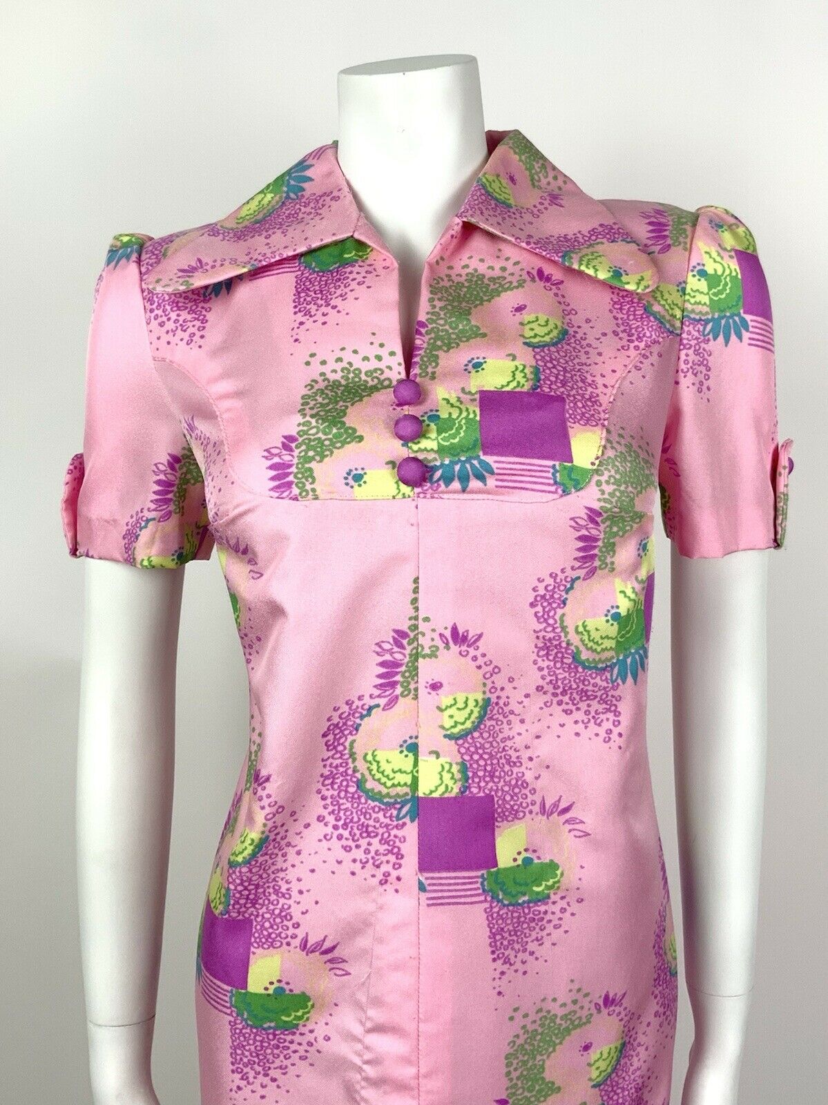 VTG 60s 70s PSYCHEDELIC PINK PURPLE BLUE GREEN SQUARE FLORAL SHIRT DRESS 12