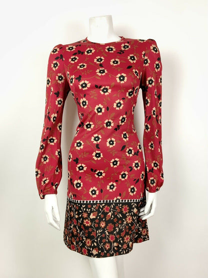 VINTAGE 60s 70s RED BLACK BEIGE FLORAL BOHO FOLK BETTY BARCLAY DRESS 10 12