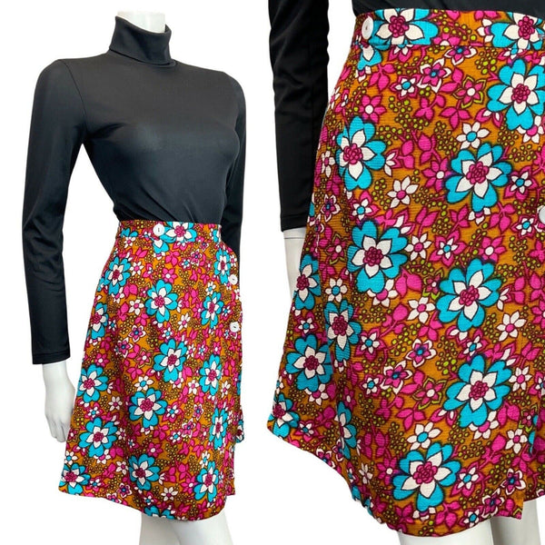 VINTAGE 60s 70s BROWN PINK BLUE FLORAL DAISY PSYCHEDELIC MOD WRAP SHORT SKIRT 8