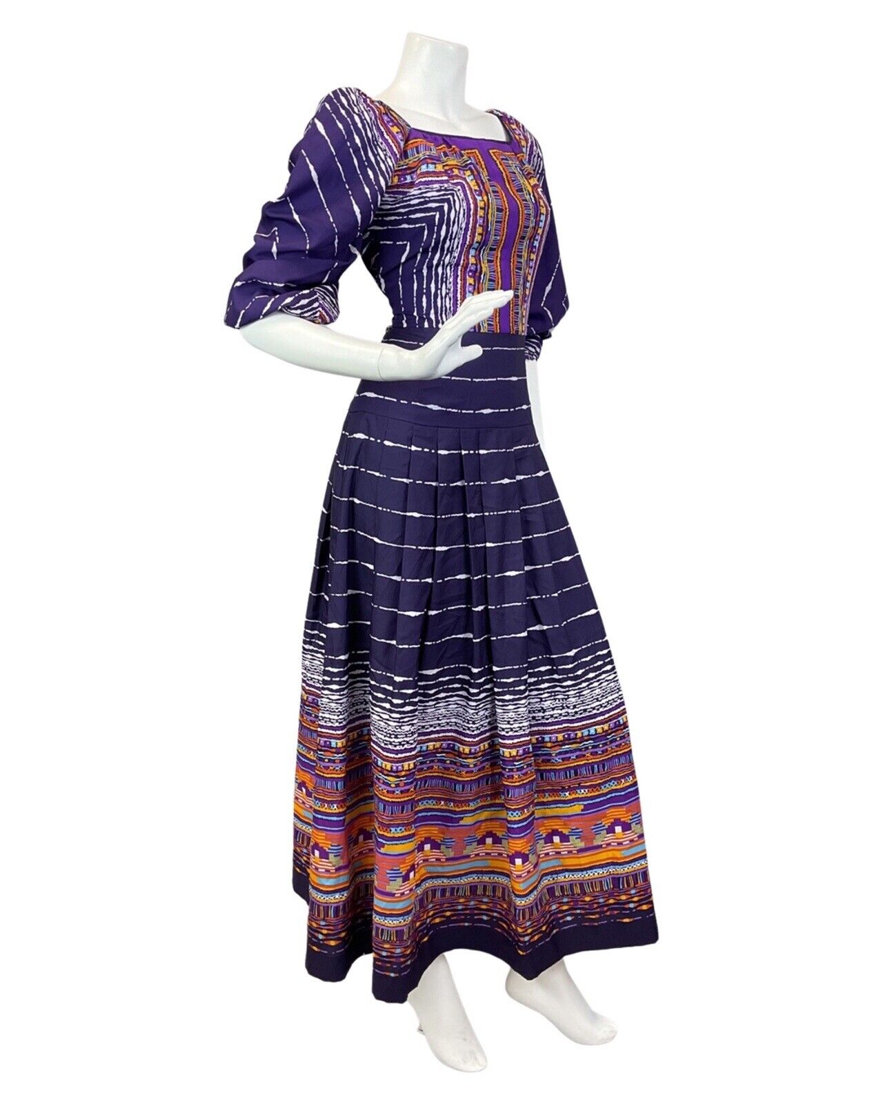 VINTAGE 60s 70s PURPLE BLUE PINK GEOMETRIC DAISY PUFF SLEEVE MAXI DRESS 10 12