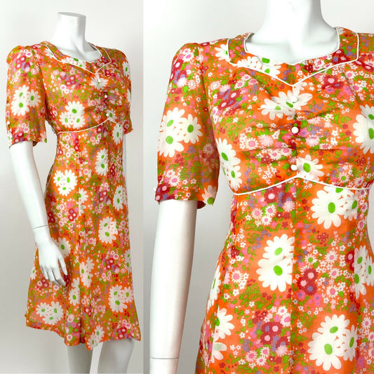 VINTAGE 60s 70s ORANGE WHITE PINK FLORAL DAISY PSYCHEDELIC SUMMER DRESS 12 14