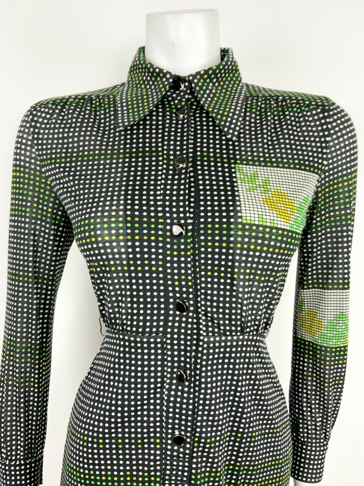 VINTAGE 60s 70s BLACK WHITE GREEN YELLOW GEOMETRIC DOTTY SHIRT DRESS 8 10