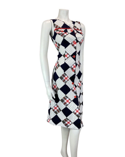 VINTAGE 60s 70s WHITE BLUE RED PATCHWORK POLKA-DOT SLEEVELESS MOD MIDI DRESS 8