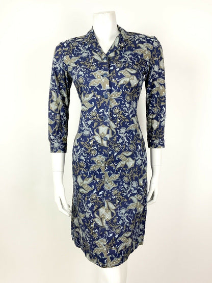 VINTAGE 60s 70s BLUE SILVER BROWN FLORAL PAISLEY PSYCHEDELIC SHIRT DRESS 10