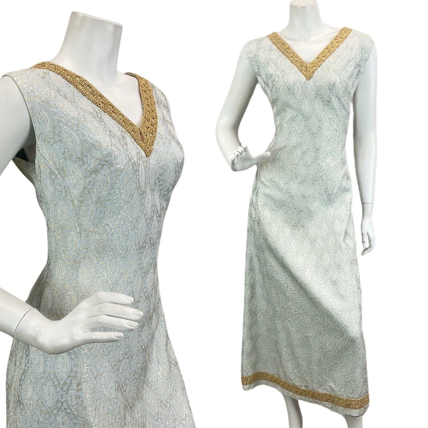 VINTAGE 60s 70s PASTEL BLUE GOLD EVENING DISCO PARTY EMBROIDERY MAXI DRESS 14 16