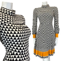 VINTAGE 60s 90s BLACK WHITE YELLOW GEOMETRIC MOD SKATER FLARED DRESS 6 8