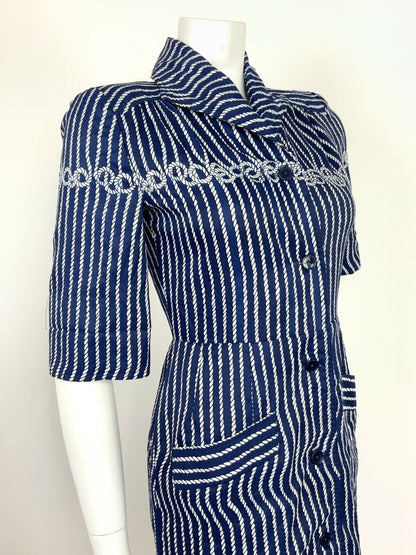 VINTAGE 60s 70s NAVY BLUE WHITE ROPE KNOT SHIRT WAIST DRESS 8 10