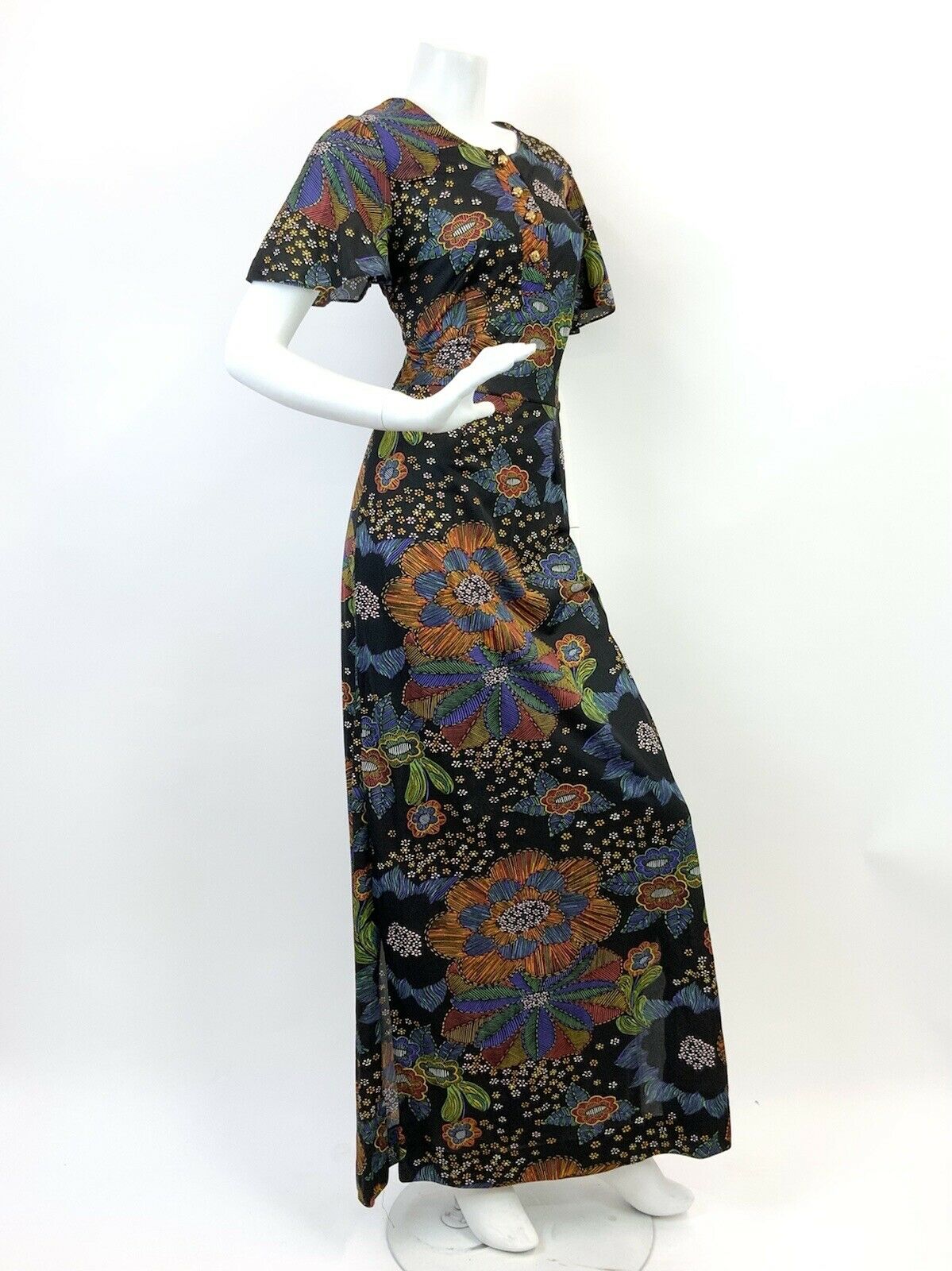 VTG 60s 70s BLACK MULTICOLOURED FLORAL STRIPED BELL SLEEVE MOD MAXI DRESS 10 12