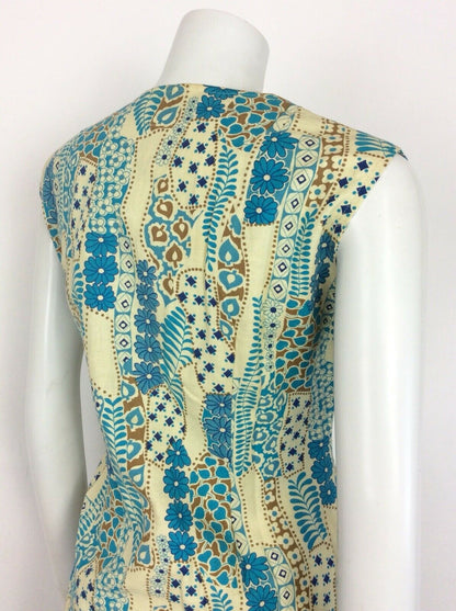 VINTAGE 60s 70s SHIFT DRESS ABSTRACT FLORAL PATCHWORK DITSY BLUE GOLD CREAM 14