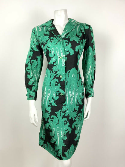 VINTAGE 60s 70s BLACK GREEN WHITE FLORAL PAISLEY PSYCHEDELIC SHIRT DRESS 10 12