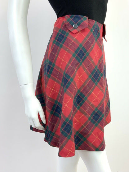 VINTAGE 60s 70s RED GREEN BLUE TARTAN CHECKED MOC CIRCLE SHORT SKIRT 8