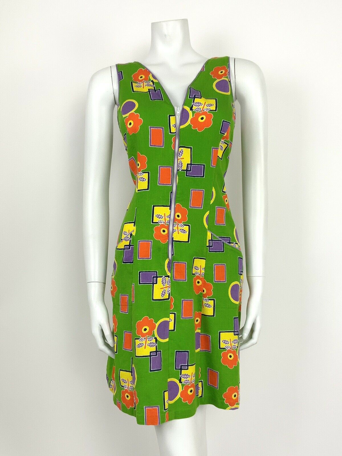 VINTAGE 60s 70s GREEN PURPLE YELLOW ORANGE FLORAL GEOMETRIC SUMMER DRESS 12