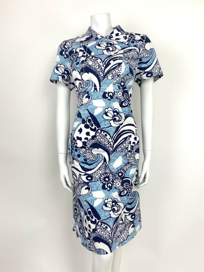 VTG 60s 70s PSYCHEDELIC WHITE NAVY BABY BLUE FLORAL ABSTRACT SHIRT DRESS 14