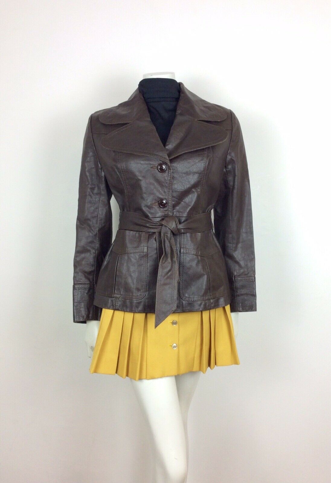 VTG 60s 70s DARK BROWN CHESTNUT LEATHER BELTED JACKET OVERSIZED COLLAR 10 12