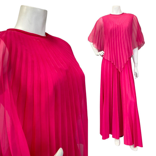 VINTAGE 70s FUCHSIA PINK STUDIO 54 BOHO CAPE SLEEVE MAXI DRESS GOWN 10