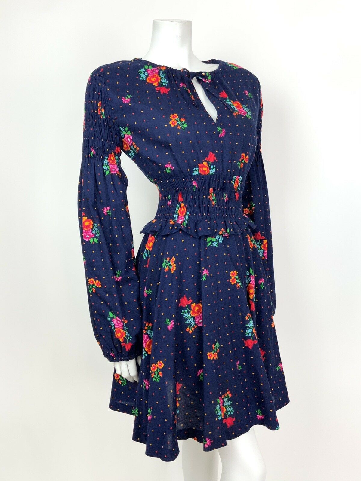 VTG 60s 70s BLUE ORANGE PINK FLORAL POLKA DOT PEPLUM RUCHED BOHO FOLK DRESS 8 10