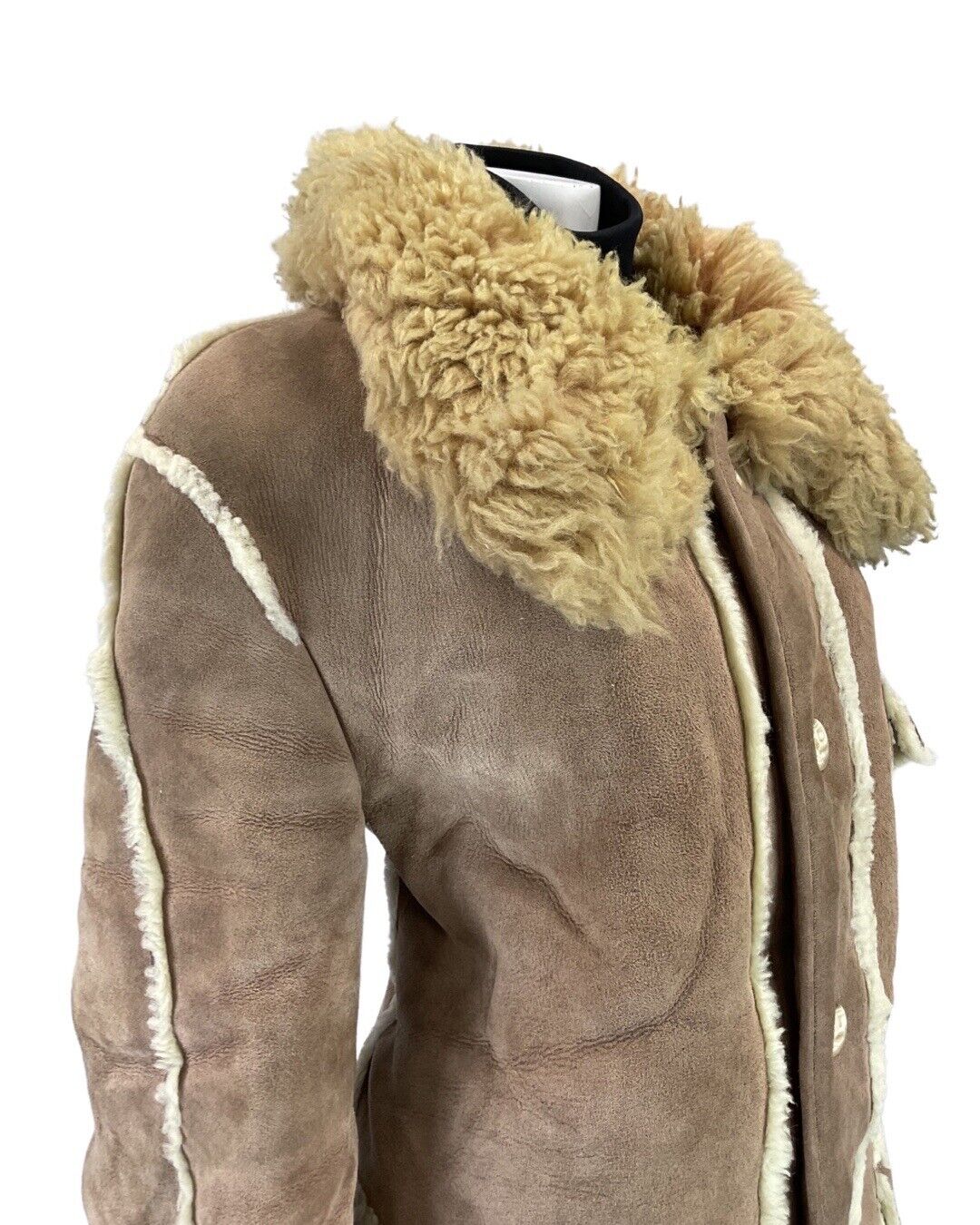 VINTAGE 60s 70s SOFT BROWN SUEDE LEATHER BOHO MOD SHEEPSKIN SHEARLING COAT 14 16