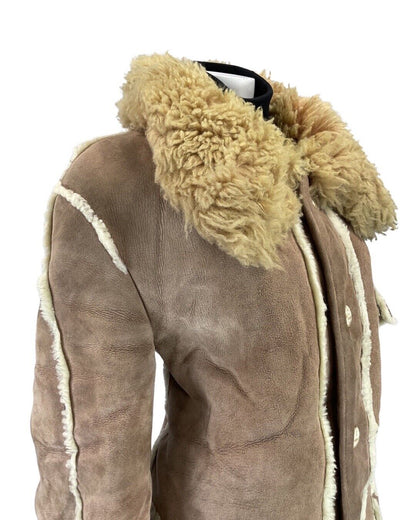 VINTAGE 60s 70s SOFT BROWN SUEDE LEATHER BOHO MOD SHEEPSKIN SHEARLING COAT 14 16