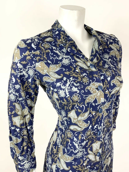 VINTAGE 60s 70s BLUE SILVER BROWN FLORAL PAISLEY PSYCHEDELIC SHIRT DRESS 10