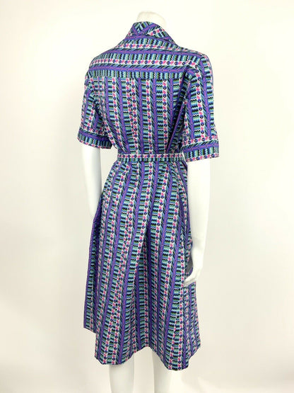 VTG 70s PURPLE PINK TEAL BLACK WHITE CHEVRON GEOMETRIC SHIRT DRESS 12 14 16