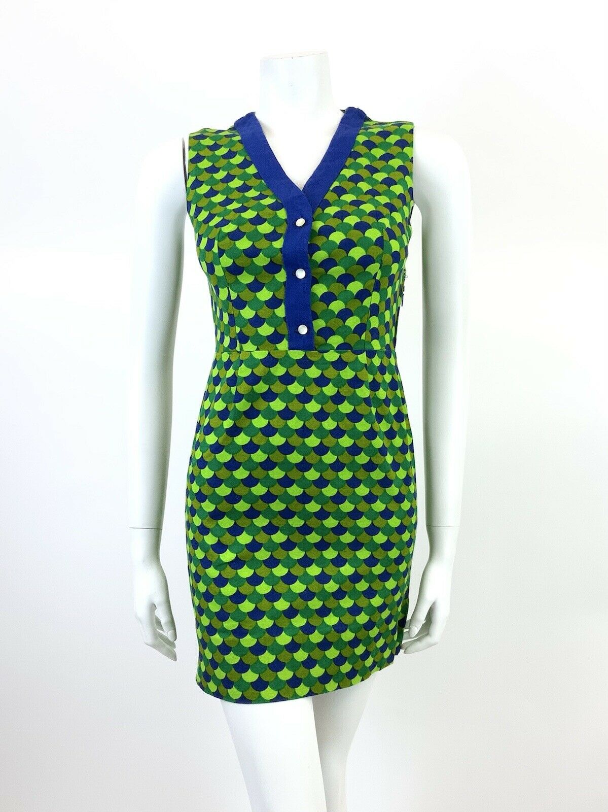 VINTAGE 60s 70s LIME FOREST GREEN BLUE SCALES MOD SLEEVELESS MINI DRESS 8