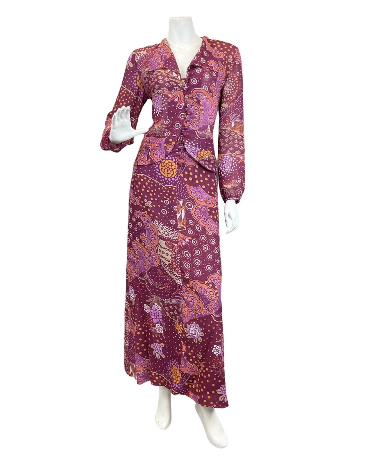 VINTAGE 60s 70s PURPLE ORANGE PSYCHEDELIC FLORAL MOD PEPLUM MAXI DRESS 8 10