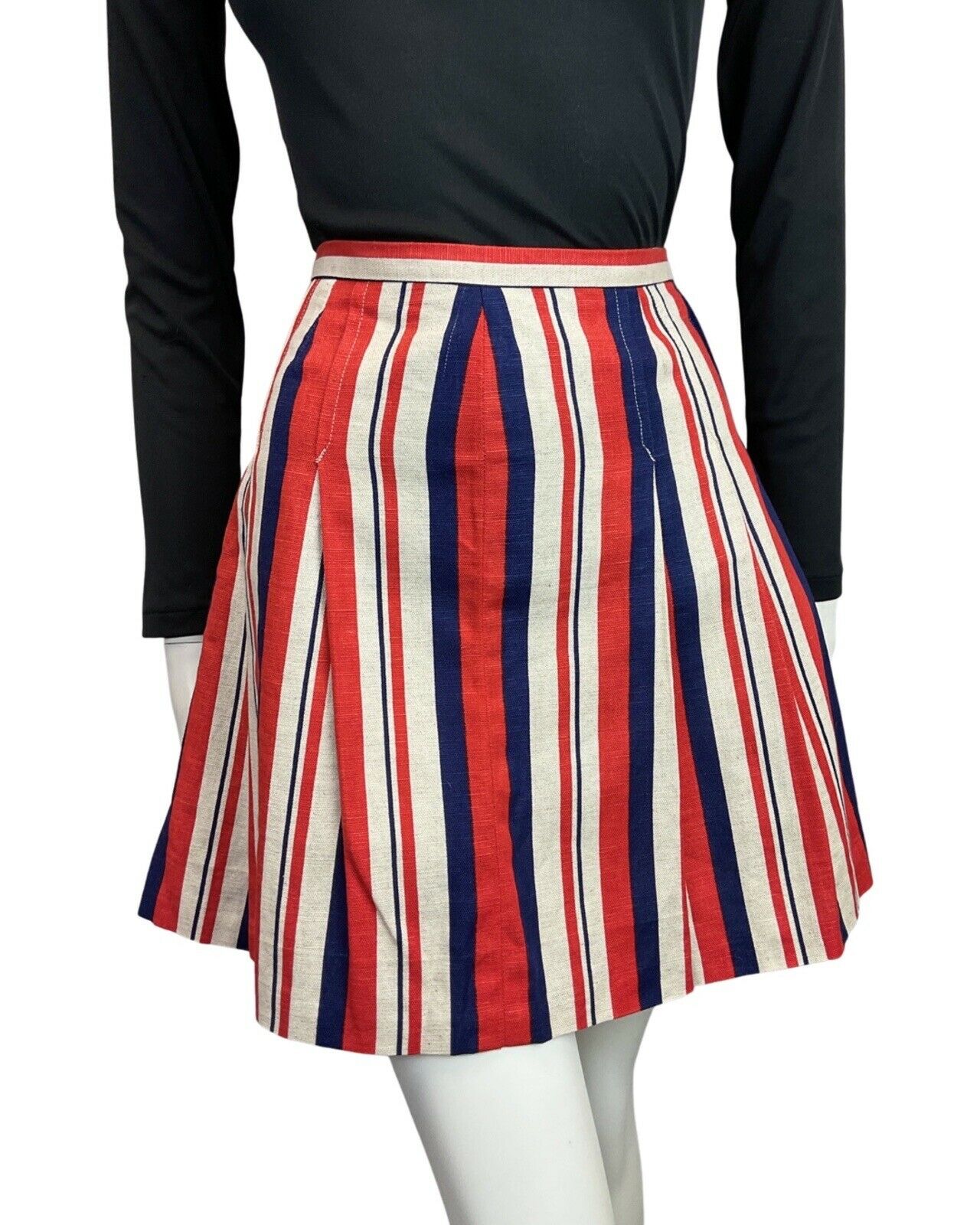 VINTAGE 60s 70s RED BLUE WHITE STRIPED PLEATED MOD MINI SKIRT 6 8