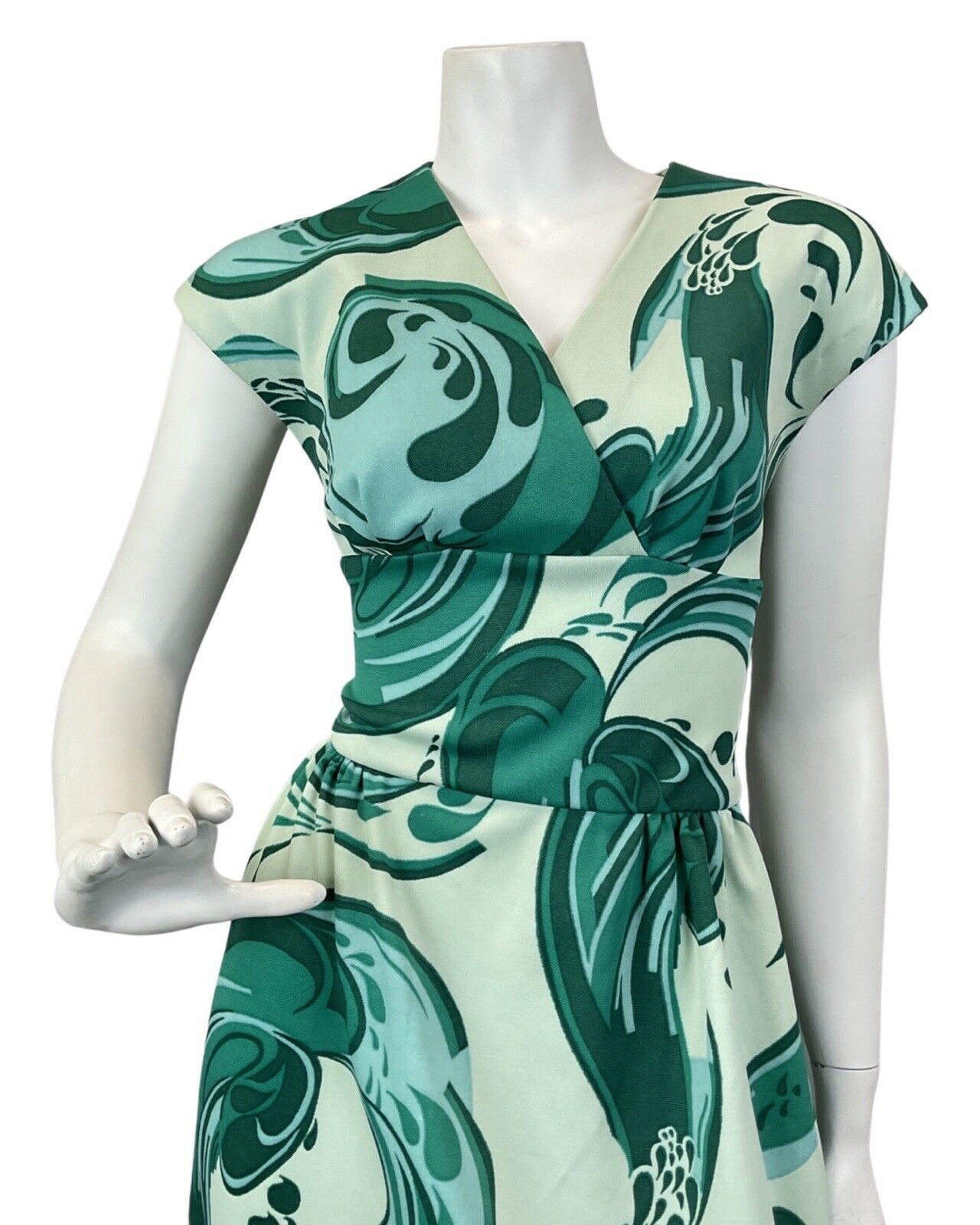 VINTAGE 60s 70s GREEN MINT PSYCHEDELIC SWIRL SLEEVELESS MAXI DRESS 8