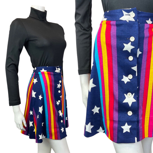 VINTAGE 60s 70s NAVY BLUE WHITE YELLOW STRIPED STAR MOD MINI SKIRT 8