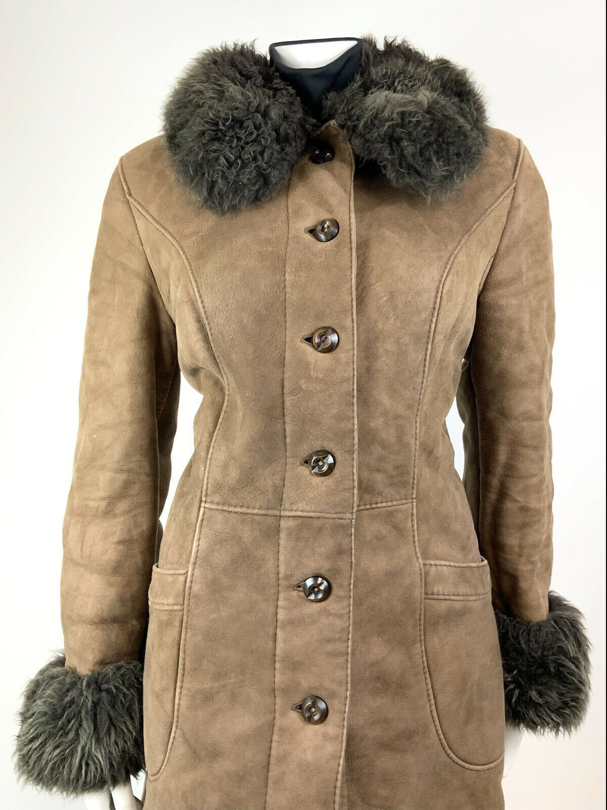 VTG 60s 70s DARK BROWN SHEARLING FUR SUEDE LEATHER BOHO MOD PRINCESS COAT 12 14