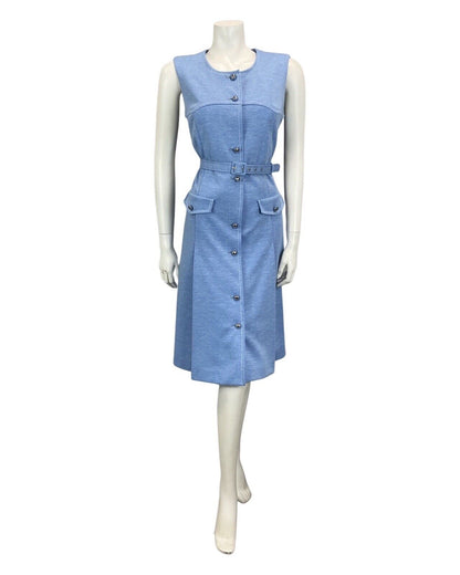 VINTAGE 60S 70S BLUE BUTTON DOWN MOD BELTED MIDI DRESS 10 12