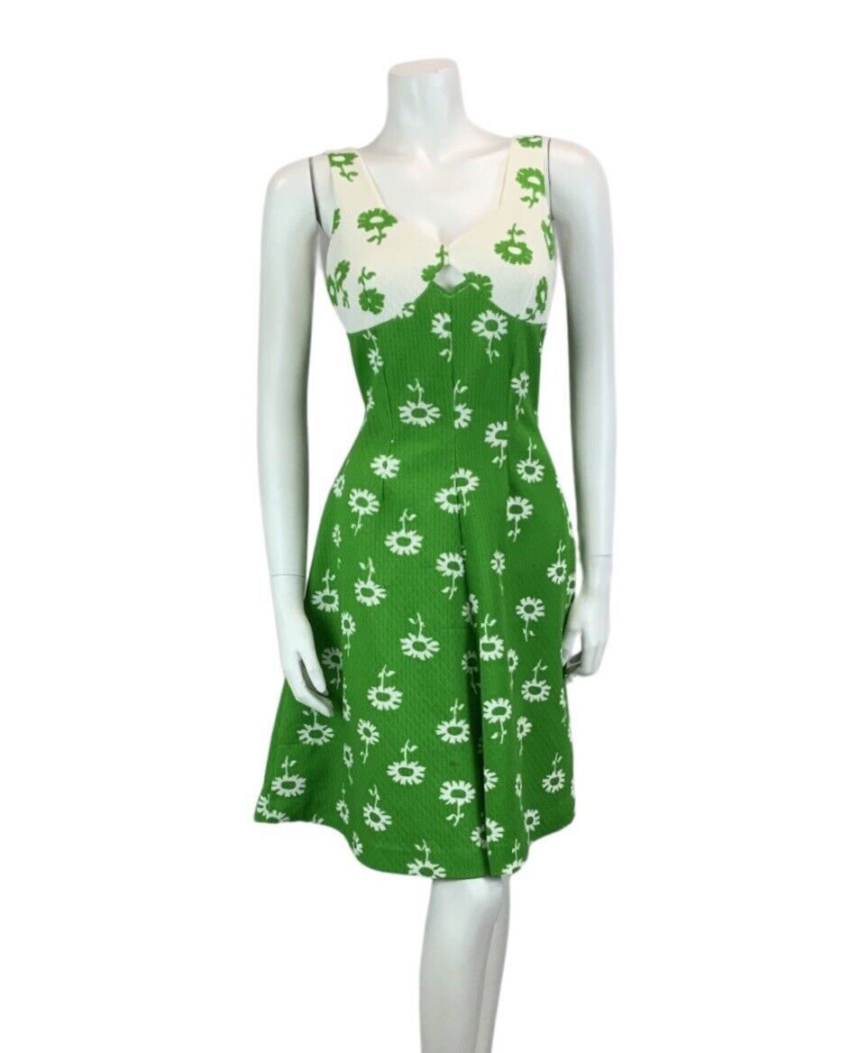 VINTAGE 60s 70s WHITE GREEN FLORAL PRINT MINI WITH CUT OUT DETAIL DRESS 12