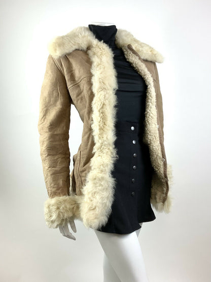 VTG 60s 70s BEIGE CREAM SUEDE LEATHER SHEARLING FUR BOHO MOD SHORT COAT 14 16