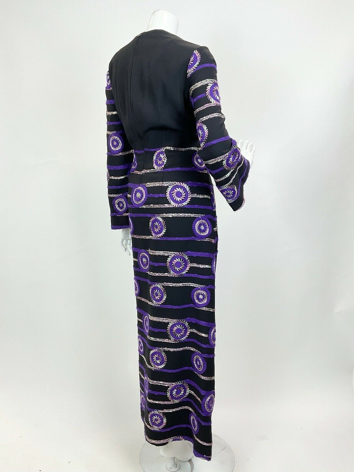 VTG 60s 70s BLACK PURPLE GOLD MINT EMBROIDERED GEOMETRIC MOD MAXI DRESS 12 14