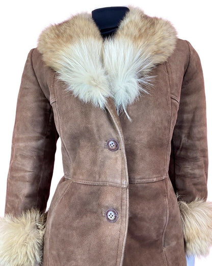 VINTAGE 60s 70s WARM BROWN SUEDE LEATHER FUR COLLAR PENNY SHEARLING COAT 12 14