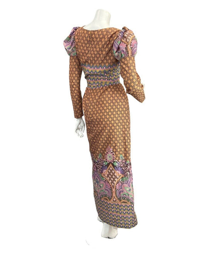 VTG 60s 70s BROWN PURPLE GREEN PAISLEY FLORAL BOHO FOLK PRAIRIE MAXI DRESS 8 10