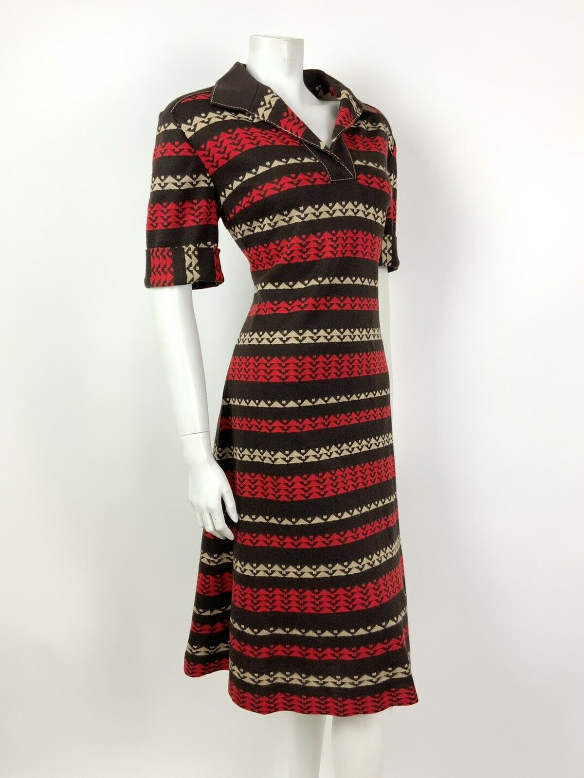 VINTAGE 60s 70s MOD BROWN RED BEIGE STRIPED SHIRT DRESS 14 16