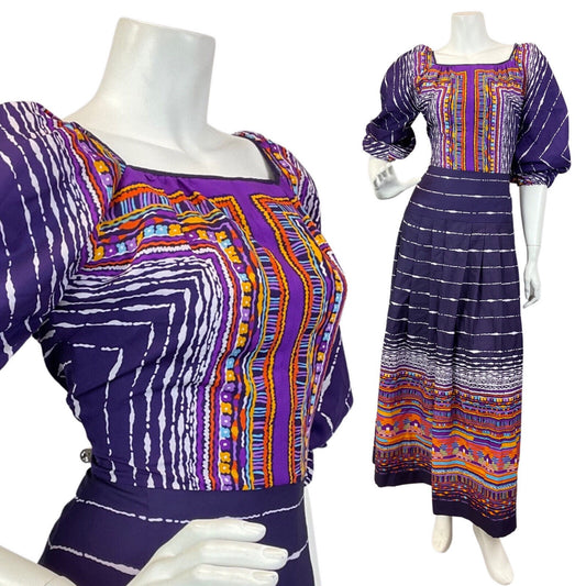 VINTAGE 60s 70s PURPLE BLUE PINK GEOMETRIC DAISY PUFF SLEEVE MAXI DRESS 10 12